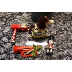 vintage wood Christmas ornaments set of 4 trumpet rocking horse nutcracker mail